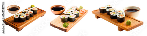 Set of wooden sushi boards with maki rolls wasabi and soy sauce isolated on a white or transparent background