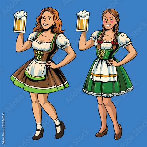 Two smiling women in traditional dirndl dresses holding beer mugs, representing Oktoberfest culture with cheerful hospitality and festive charm