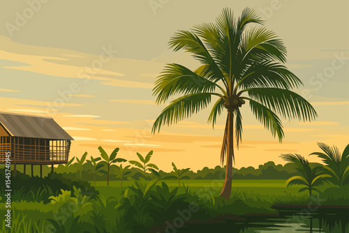 The image illustrates a peaceful rural landscape at sunset. A traditional stilt house stands to the left, partially elevated above the lush greenery. In the middle ground, a tall coconut palm tree dom