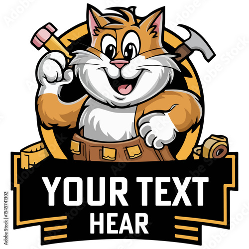 Cute Cat Handyman Holding Hammer Cartoon logo vector illustration.