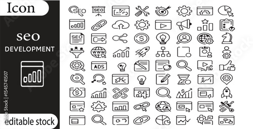 A collection of seo development icons showcasing various aspects of digital marketing and optimization tools