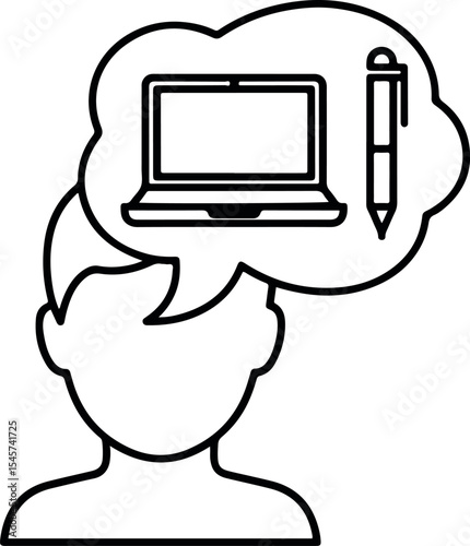 Minimal outline icon design representing freelance work, featuring a person with a laptop, symbolizing remote work, independence, and digital self-employment.

