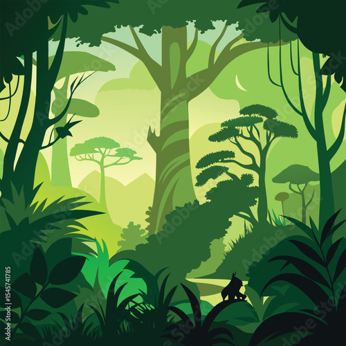 Lush green rainforest landscape illustration