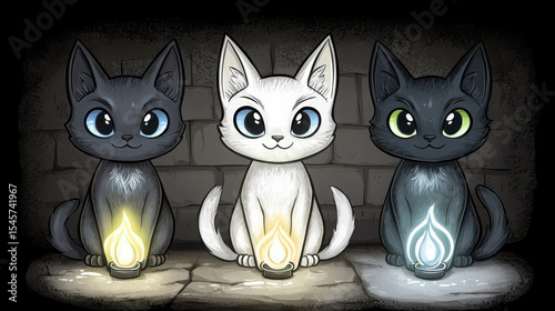 Cute cartoon cats sitting in a row with lanterns illuminating the dark space, three unique colors and expressions, perfect for animal lovers and art lovers alike