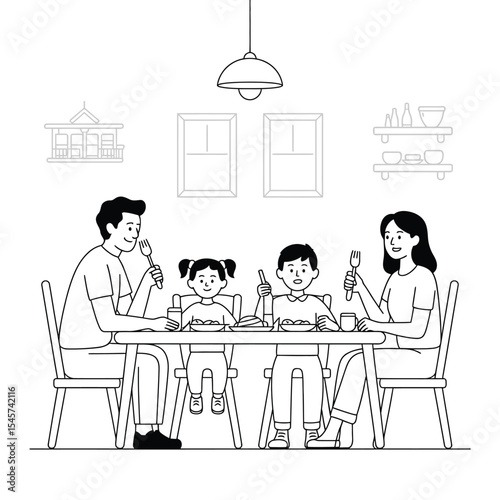 Family Dinner Table Black and White Line Art Illustration