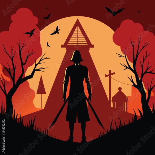 Silhouette of a mysterious figure with swords before a creepy house under a blood red moon
