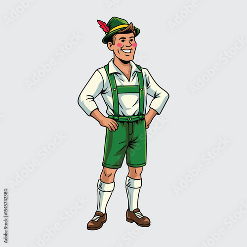 Smiling Bavarian man in traditional green lederhosen costume, wearing a feathered alpine hat and standing confidently