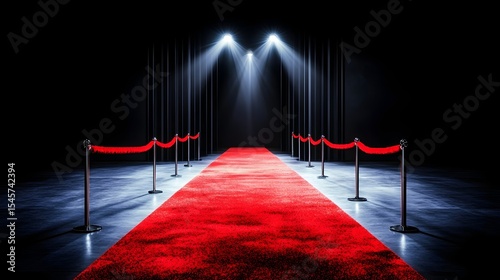 Red carpet event stage spotlights dark curtains