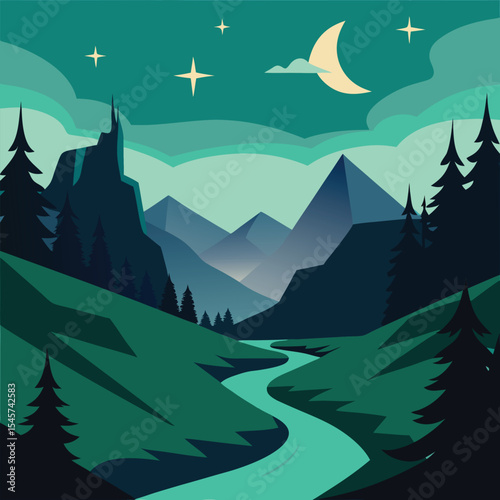 Serene nighttime mountain landscape with winding river