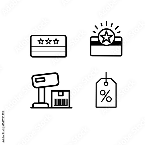 Retail and loyalty icon set – discount, point card, barcode scanner vector collection