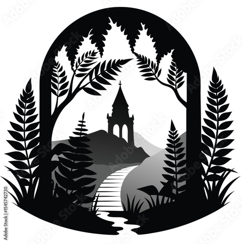 Silhouette of a church in a forest with a path leading to it
