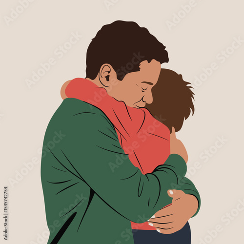 Father and Son Side Profile Hug Green Red Jacket embracing