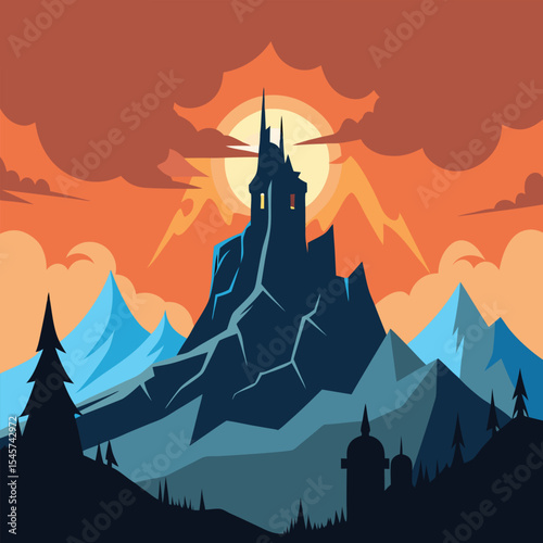 Mysterious mountaintop castle at sunset dramatic landscape illustration