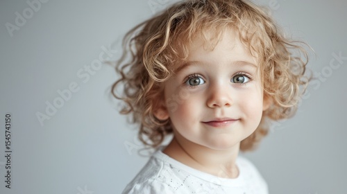 A young child with curly hair, wearing a white shirt, standing in front of a white background.