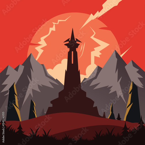 Silhouette of a mysterious tower in a mountainous landscape at sunset