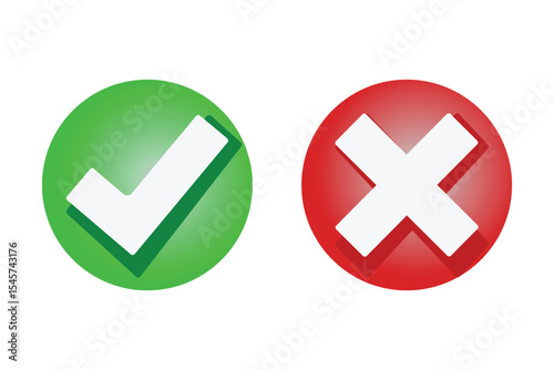 check mark icon button set. check box icon with right and wrong buttons and yes or no checkmark icons in green tick box and red cross 