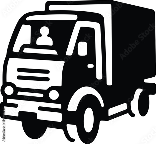 A black and white illustration of a box truck with a driver visible in the cab viewed from the front side silhouette