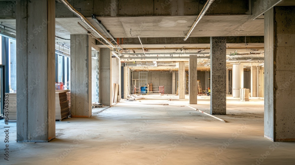 Fototapeta premium A spacious, open-concept office space with concrete pillars and exposed beams, featuring a mix of natural light and artificial lighting, and a neutral color palette.