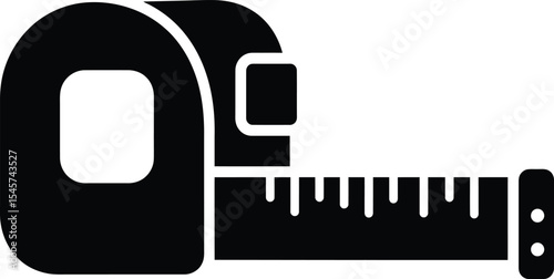 A black and white graphic illustration of a tape measure tool for measuring length and dimensions precisely silhouette