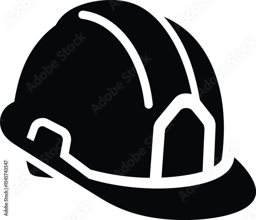 A black and white graphic of a construction hard hat safety helmet with a simple design and dark fill silhouette