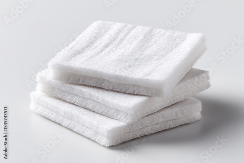 A stack of four pristine white, square cotton pads, softly textured, sits on a neutral background