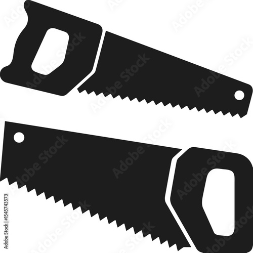 A graphic depiction showcasing two black silhouette saws with distinct handles and jagged blade edges design