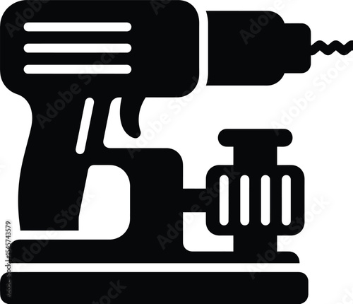 A black and white graphic illustration of a drill press tool with a drill bit and a base platform silhouette