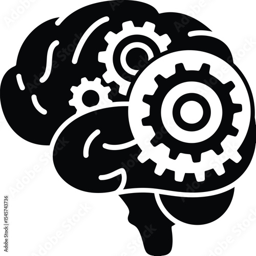 A brain silhouette with gears illustrating cognitive function and mechanical processes of the mind working