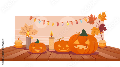 Autumn halloween pumpkins candles and lights decor