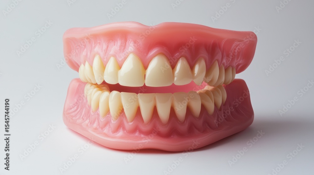 Fototapeta premium A pair of pink and white dentures on a white background.