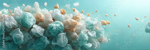 Ocean Plastic Pollution Cluster of Floating Trash Bags and Debris in Water Symbolizing Waste Management and Environmental Sustainability Campaign photo