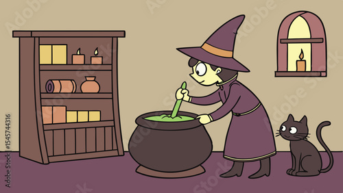 Young witch stirring potion in cauldron with black cat