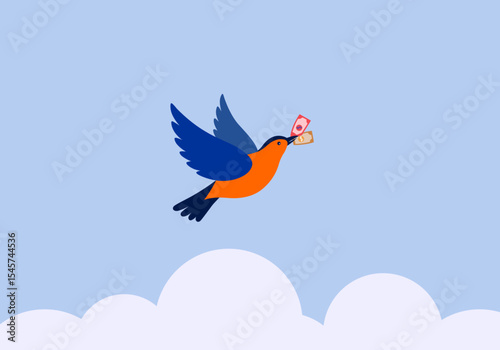  A bird is flying away with money in its beak minimalist vector.