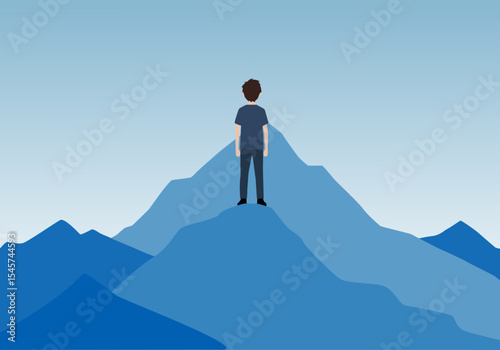 A boy is standing at the peak of a mountain minimalist vector. 
