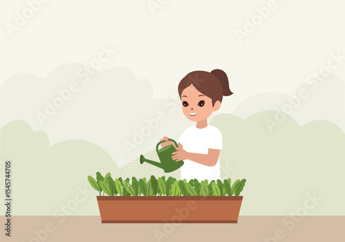 A little girl is watering vegetable plants minimalist vector. 
