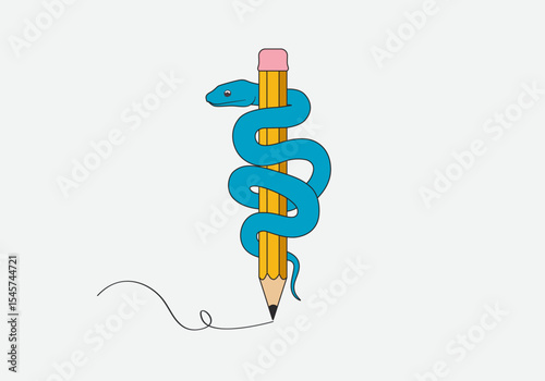 A snake is coiled around a pencil while the pencil is writing a minimalist vector.