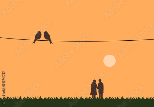 During sunset, a pair of birds sits on a wire while a human couple stands below, in a minimalist vector. 