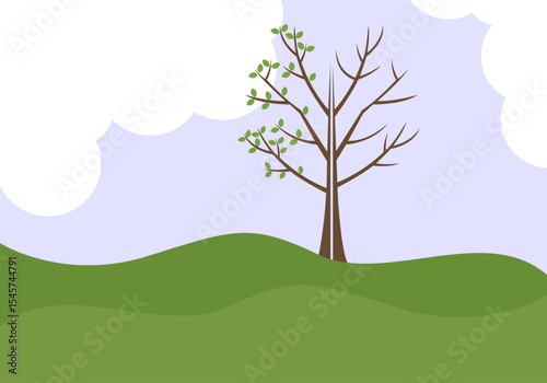 On top of a hill, a tree has one half dead and the other full of green leaves minimalist vector. 