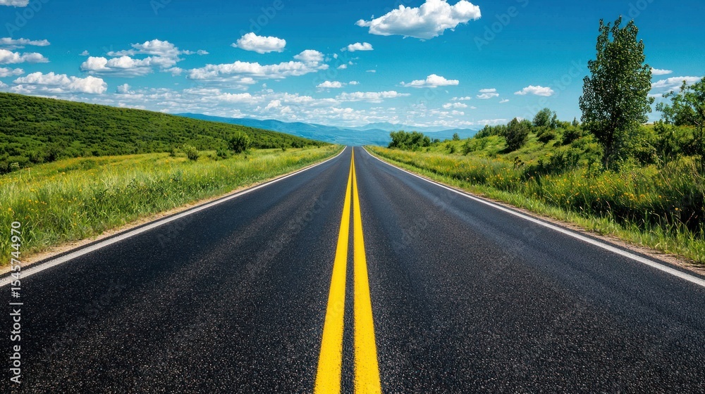 Naklejka premium A straight, empty road stretching into the distance with a clear blue sky and scattered clouds above.