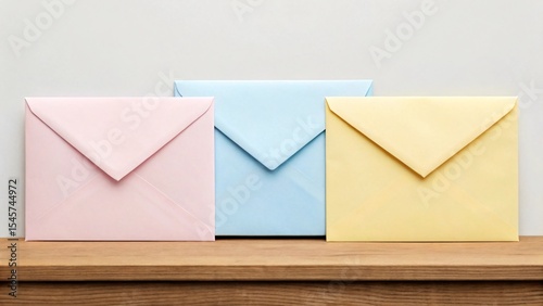 Colorful envelopes on wooden shelf near light wall closeup.