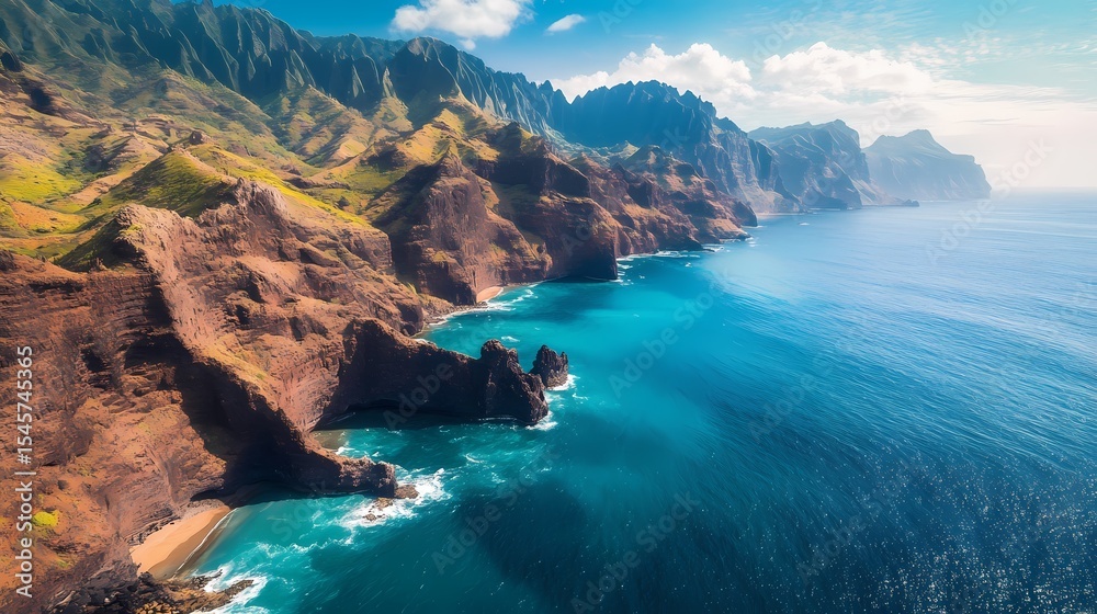 Fototapeta premium Na Pali Coast Stunning Aerial View of Hawaiian Cliffs Ocean 