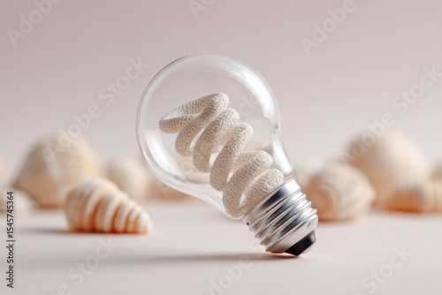Creative Energy Concept with Stylish Spiral Light Bulb and Soft Seashell Background for Modern Innovation and Sustainable Design Promotion