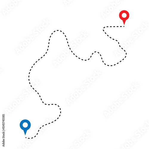 Route icon - two points with dotted path and location pin. Route location icon two pin sign and dotted line. Distance icons set in black filled and stroke line style in eps 10.