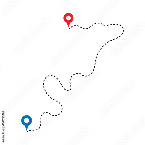 Route icon - two points with dotted path and location pin. Route location icon two pin sign and dotted line. Distance icons set in black filled and stroke line style in eps 10.