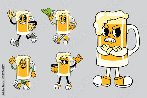 Cartoon cute beer mug Oktoberfest characters with expressive faces and poses in retro vintage comic style
