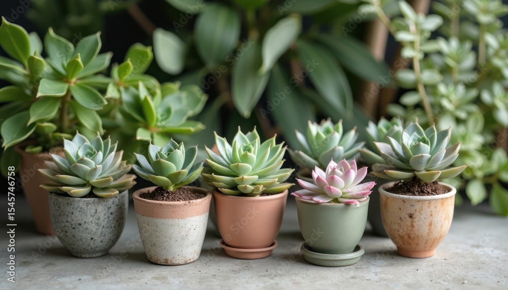 Fototapeta premium Small succulent plants in various pots on a surface.