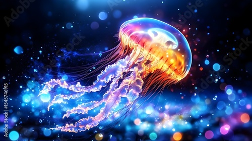 Glowing jellyfish swims in vibrant ocean, bokeh background, digital art