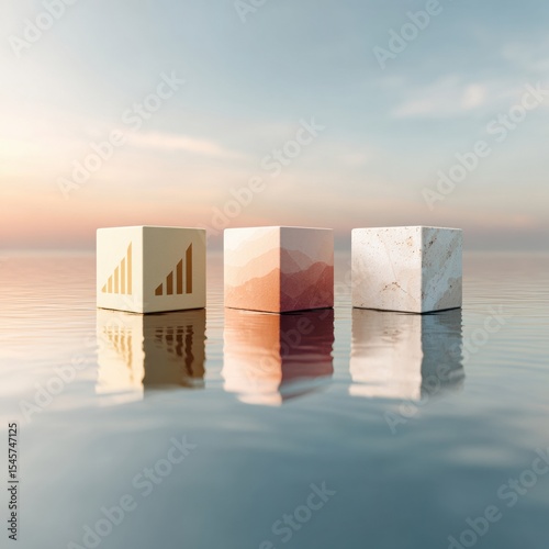 Minimalist Market Capitalization Cubes on Reflective Surface with Growth Chart Icon Symbolizing Business Innovation and Profitability Trends
