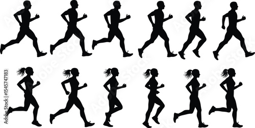  Dynamic Male and Female Runners Silhouettes: Diverse Athletic Figures in Motion for Health, Fitness, and Active Lifestyle Promotion, Isolated on White Background for Sports Design.