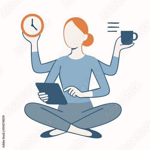 Flat Illustration Multitasking Woman With Clock, Tablet, and Coffee Cup Character
